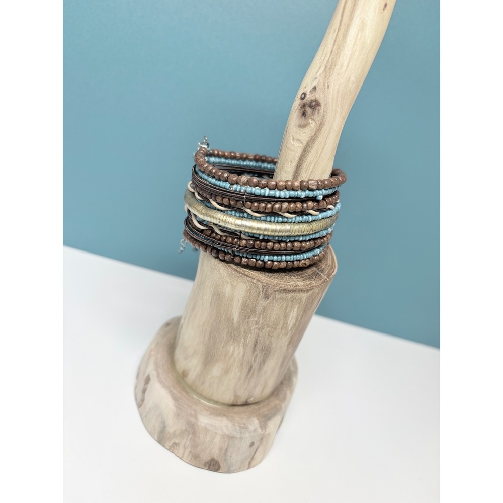 Bohemian Multi Strand Beaded Cuff Bracelet Turquoise Wood Gold Tone Wide Stacked